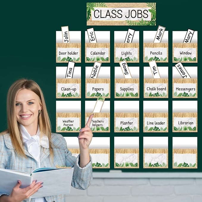 81 Piece Simply Boho Greenery Class Jobs Bulletin Board Greenery Classroom Jobs Pocket Chart Set Teacher's Helper Chalkboard Decor Classroom Bulletin Board Set Wall Decoration for Back to School