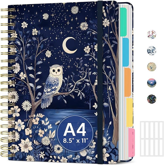 Large Lined Spiral Journal for Women Cute Hardcover 5 Subject Notebook for Work 8.5" x 11" with Removable Dividers & Tabs, College Ruled, 280 Pages Aesthetic Journal for Work, School & Note Taking, Owl Moonlight