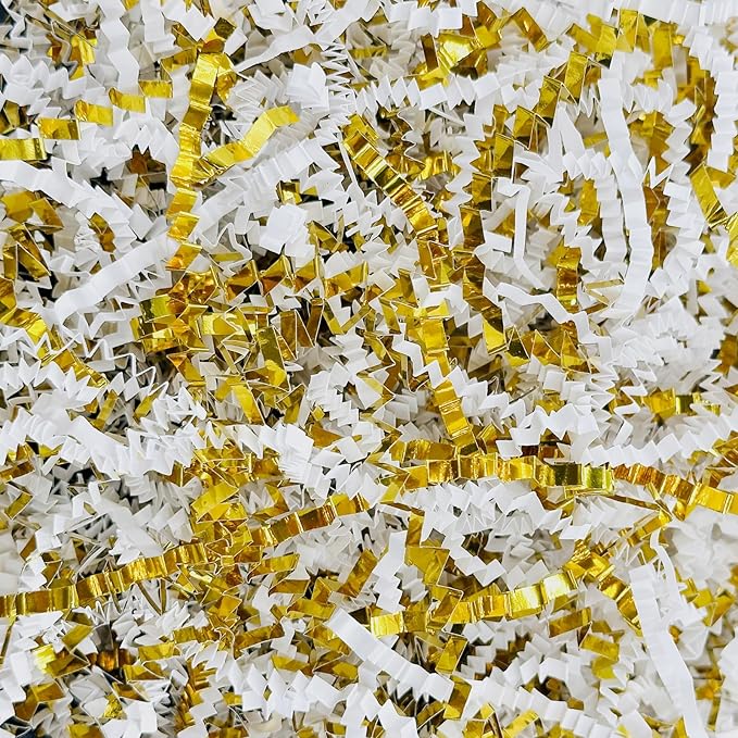 1LB Crinkle Cut Paper Shred Filler for Gift Box Bag and Basket On Holidays(Gold&White)