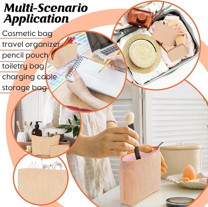 Huhumy 2 Pcs Makeup Bag Set for Women, Orange, Thin Striped Seersucker | Cute Cosmetic Pouch Women Travel Toiletry Bag Preppy Small Makeup Purse Pouch Aesthetic Skincare Brushes Storage Organizer