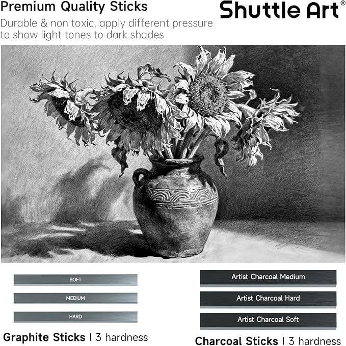 Shuttle Art Sketching and Drawing Pencils Set, 37-Piece Professional Sketch Pencils Set in Zipper Carry Case, Drawing Kit Art Supplies with Graphite Charcoal Sticks Tool Sketch book for Adults Kids