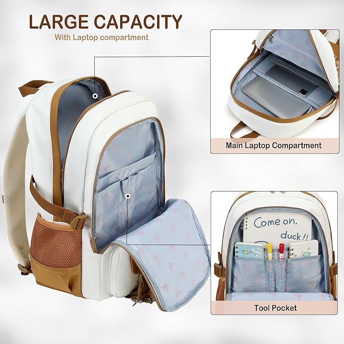 Hidds Backpack for Girls,School Backpack Women College Laptop Backpacks Teens Bookbag Kids Elementary Middle High School Bag Student Travel Daypack-Khaki Beige