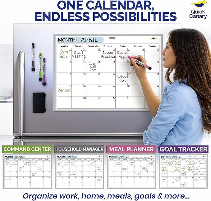 Monthly Magnetic Calendar for Refrigerator - 17x12” Stain-Resistant Dry Erase Fridge Calendar Whiteboard with Large Writing Space for Schedules, Chores & Meals - With 4 Markers & Eraser - Monday Start