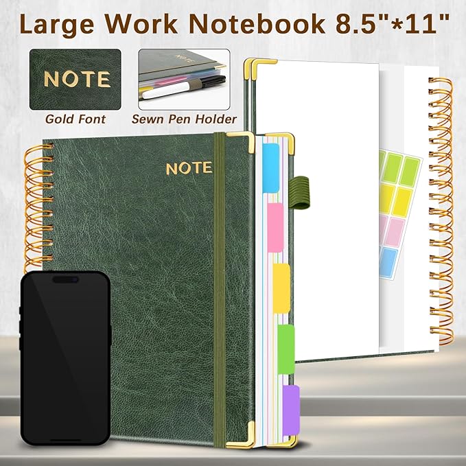 Hardcover Spiral Notebooks for Work 8.5''x 11'', 300 Pages 5 Subject Notebook with Dividers & Tabs, A4 Spiral Journal for Women, College Ruled Notebooks for School Note-Taking (Green)
