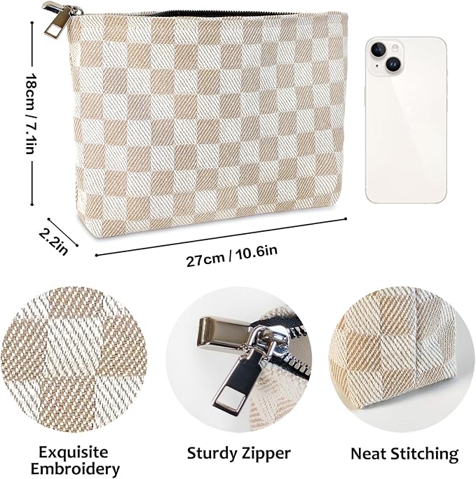 STARDW Checkered Makeup Bag Cosmetic Travel Bag, Toiletry Bag for Women | Canvas Lined Makeup Pouch for Skincare, Brushes, Toiletries & Travel Essentials, Cute Purse Organizer Pouches with Zipper