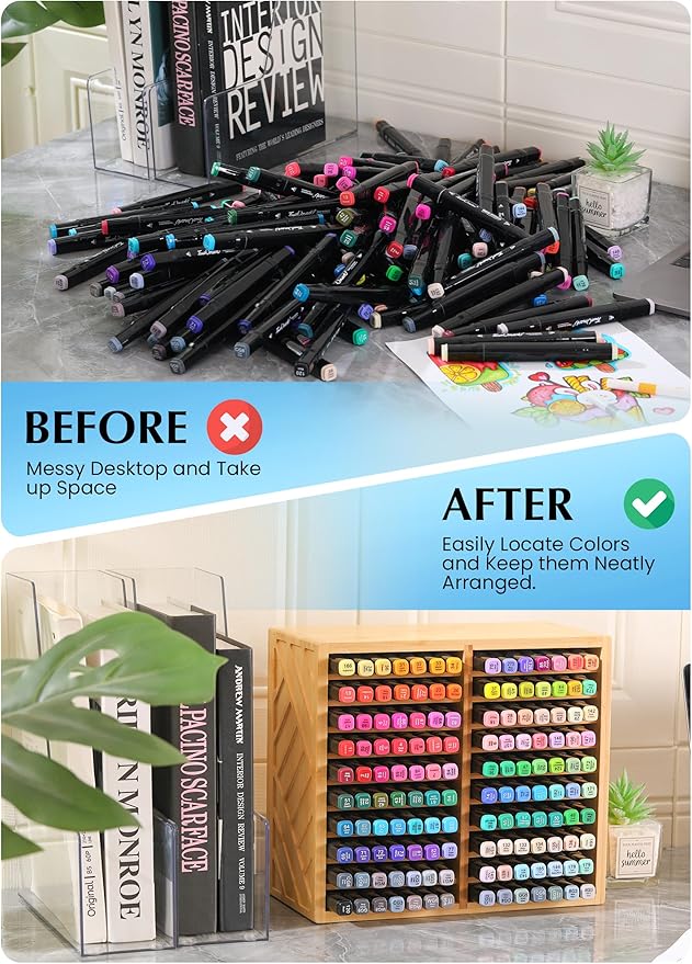 Bamboo Marker Organizer for Desk, Marker Storage Organizer for 140 Markers，Pens, Pencils and Art Brushes，Wooden marker holder for Home, Classroom and Office Decor,Bamboo