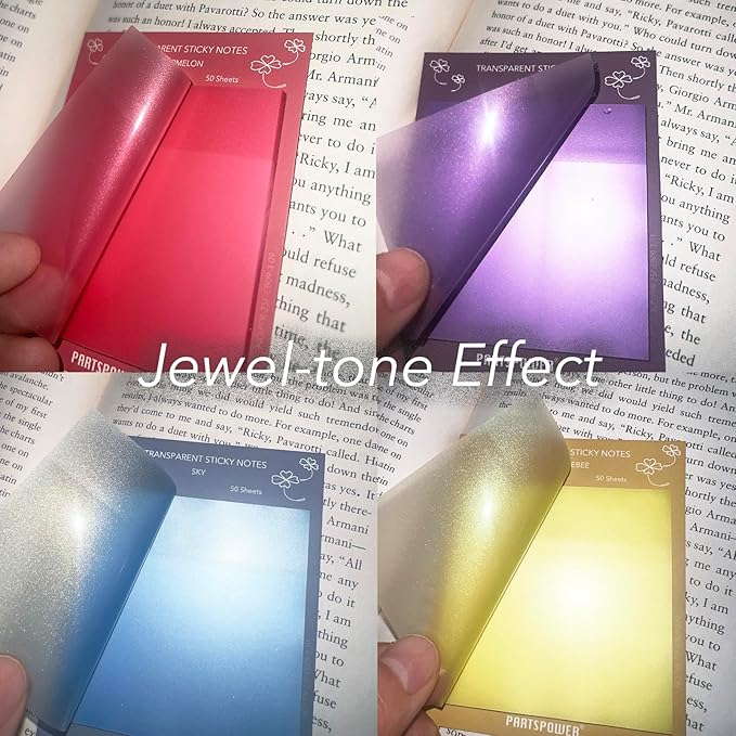 PARTSPOWER Super Transparent Sticky Notes, Jewel Tones 4 Packs 3X3 Inch See Through Annotating Sticky Notes for Annotating, Bible Study Supplies, Office School Supplies - Hot Kisses Series
