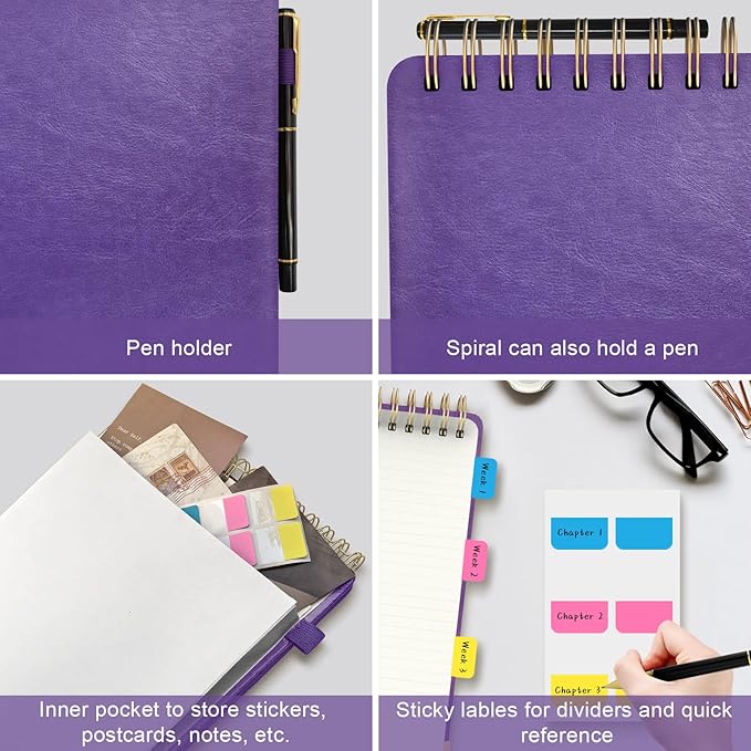 Mousbull A5 Top Spiral Notebook, Large Leather Hardcover Top Bound Steno Pads, 240 Pages 100 gsm Thick Lined Paper Left Handed Notebook Journal for Work, School, Meeting Writing - Purple, 5.9" x 8.5"