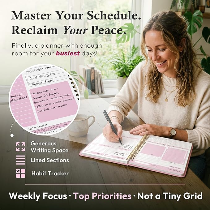 Undated Weekly Planner & Notebook for Work, School & Home — Aesthetic Hardcover Spiral Blank Planner with Habit Tracker, Goal Organizer & To Do List — 124 No-Bleed Pages, 6.4×8.5", Pink