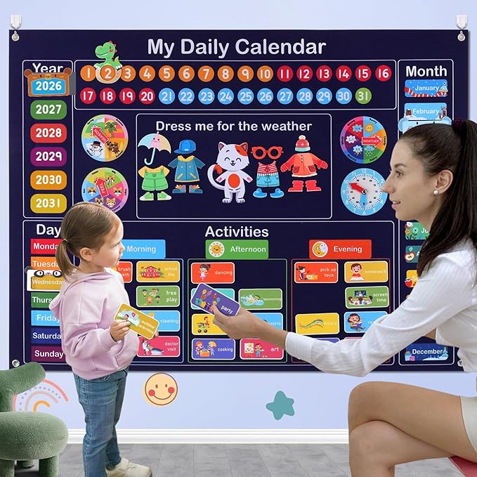 My Daily Calendar for Kids, 3.3Ft Felt Board for Toddler Kids Preschool Calendar for Classroom Circle Time Learning Center Days of The Week for Toddlers Learning Calendar Home Kindergarten Activities