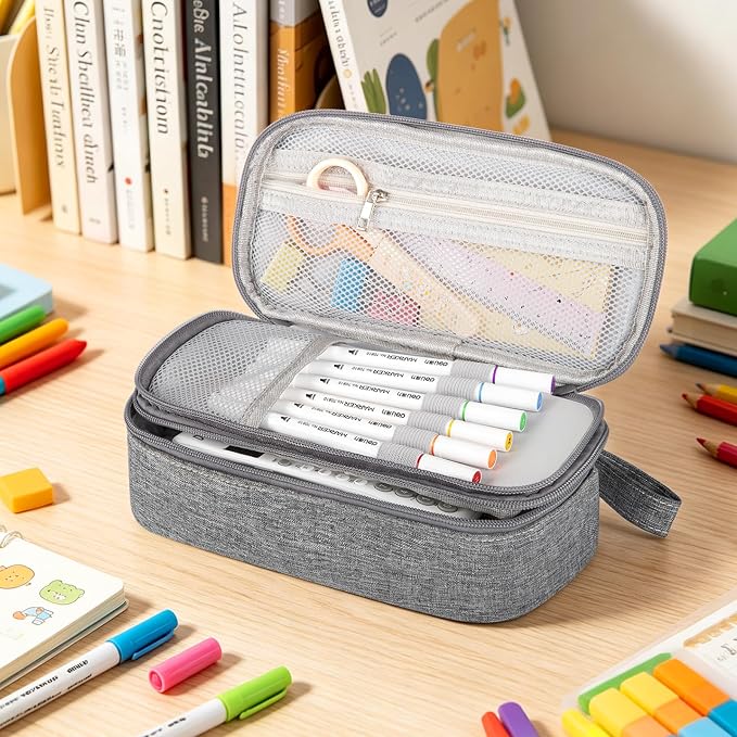 Double Layer Large Big Capacity Pencil Case Pouch Bag with Double Zipper | 5 Compartments Multiple Pockets, Aesthetic Canvas Stationery Pen Case Bag for Teens Girls,Boys,Students,College