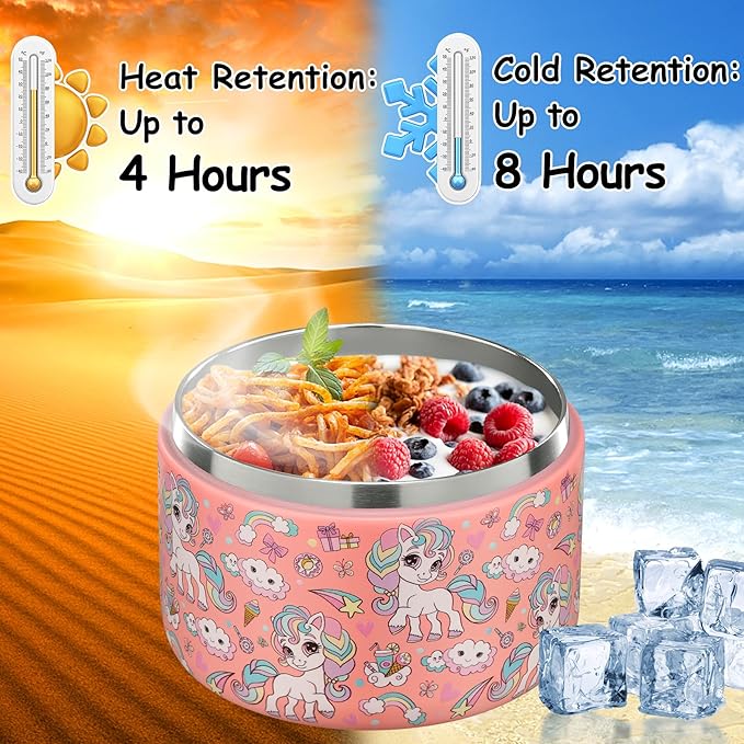 Pawtong 12oz Insulated Vacuum Food Jar with Buckle Lid Wide Mouth Soup Thermo for Hot Food Kids Leakproof Stainless Steel Lunch Container (Pink-Horse)