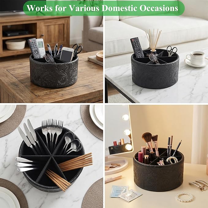 Remote Control Holder, 360°Spinning PU Leather Desk TV Remote Caddy,Desk Storage Box Room Accessories for Controller, Media,Mail,Calculator, Mobile Phone,Pencil(1-Carved Black)