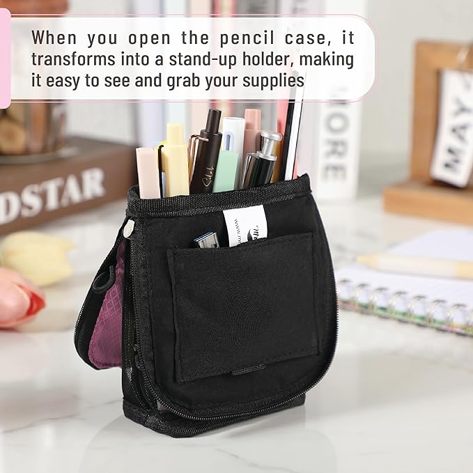 Mr. Pen- Standing Pencil Case Pouch, Sit & Lay Mesh-View Design, Black & Pink, Interior Pocket & 2 Elastic Binder Loops, Cute Pencil Case for Girls and Boys