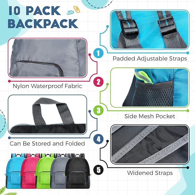 Jexine 10 Pcs Backpacks Bulk 16.5 Inches Lightweight Travel,Multicolor | Basic Book Bags for School Outdoor, Foldable Storage, Ideal Students Adults Commuters, Bulk Backpack Set for Teams