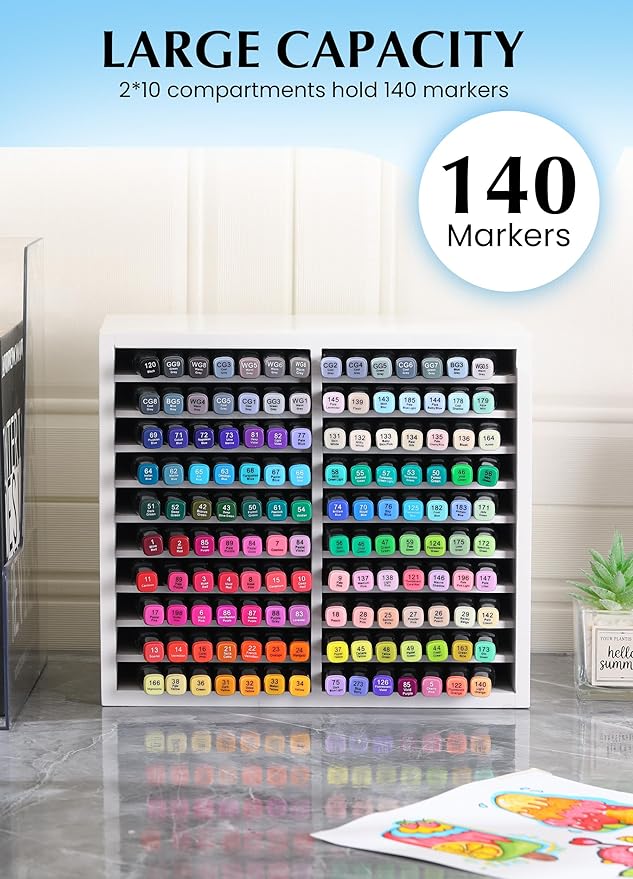 Bamboo Marker Organizer for Desk, Marker Storage Organizer for 140 Markers，Pens, Pencils and Art Brushes，Wooden marker holder for Home, Classroom and Office Decor, White