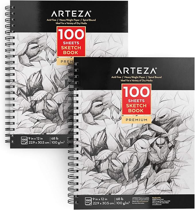 ARTEZA Sketch Book 2 Pack, 9x12 Inches, 200 Sheets of 68 lb Heavyweight Paper, Spiral Bound Drawing Pad with Perforated True-to-Size Pages for Sketching, Drawing, and Illustration
