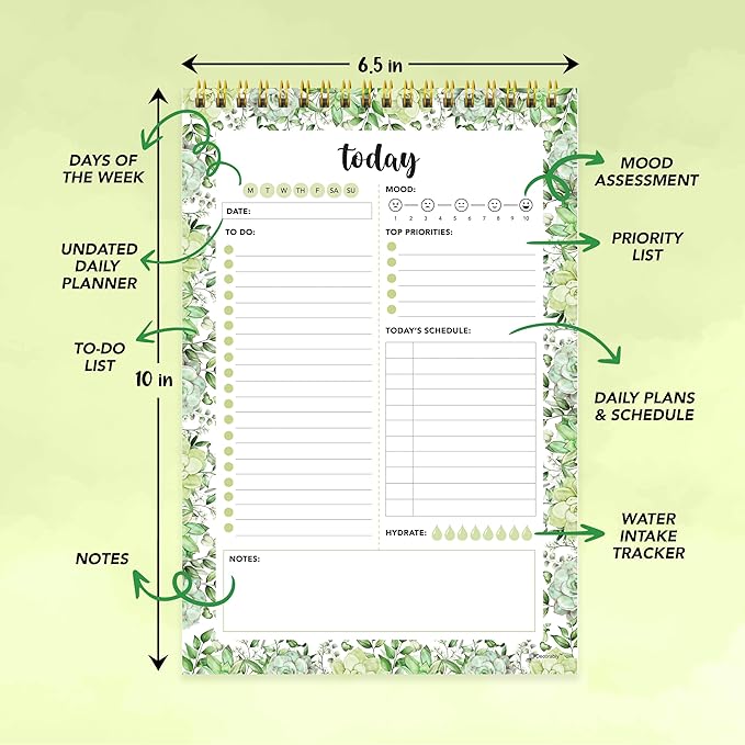 Decorably 52 Sheets Greenery Undated Daily to Do List Notepad with Water Tracker, 6.5x10" Spring-Bound Planner Pad, Easy Tear-Off Design, with Focus, Priorities, Habits, Notes & Doodles - Home, School