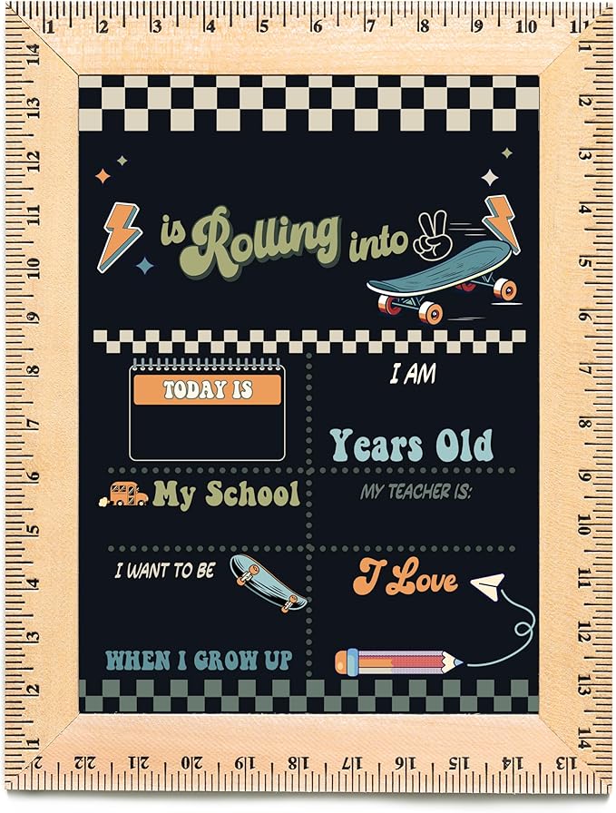 First Day of School Sign (11.5"x15"), Reusable Chalkboard, Easy to Clean with Real Wooden Ruler Frame, Perfect for Back to School, First Day of Kindergarten (Skateboard)