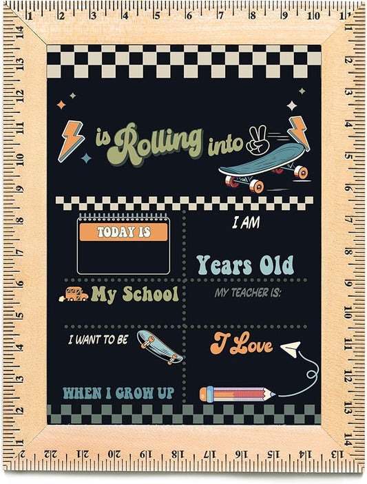 First Day of School Sign (11.5"x15"), Reusable Chalkboard, Easy to Clean with Real Wooden Ruler Frame, Perfect for Back to School, First Day of Kindergarten (Skateboard)