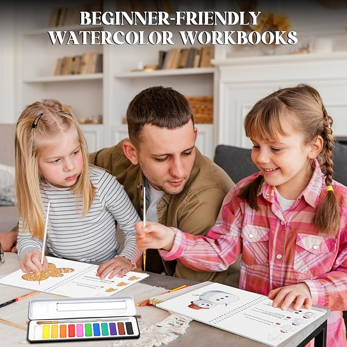 2Pcs Watercolor Workbook Beginner-Friendly Water Coloring Book with 12 Colors Paint Color with Paint Brush, Watercolor Paper, Beginner Watercolor Painting Kit Watercolor Paper - Valentine's Day Gift