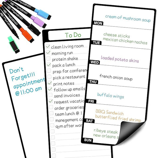 Magnetic Whiteboard for Fridge 3 Pcs 4.5"x10" Magnetic Dry Erase Board for Refrigerator Magnet to Do List White Board for Fridge Weekly Menu Board for Kitchen Meal Planner 5 Ultra Fine Tip Markers