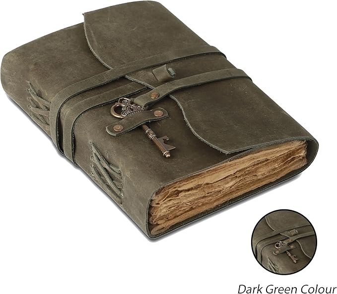 Leather Journal with Deckle Edge Paper 8x6 inch and Vintage Key | Handmade Writing Notebook Diary | Bound Daily Notepad for Men & Women Medium, Sketch/Writing pad for Artists