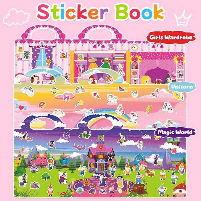 3 Sets Reusable Sticker Book for Toddlers 3-6, Jelly Sticker Books for Toddler, Travel Sticker Activity Toys for Kids 3 4 5 6 Years Old Girls (Unicorn+Magic+Wardrobe)