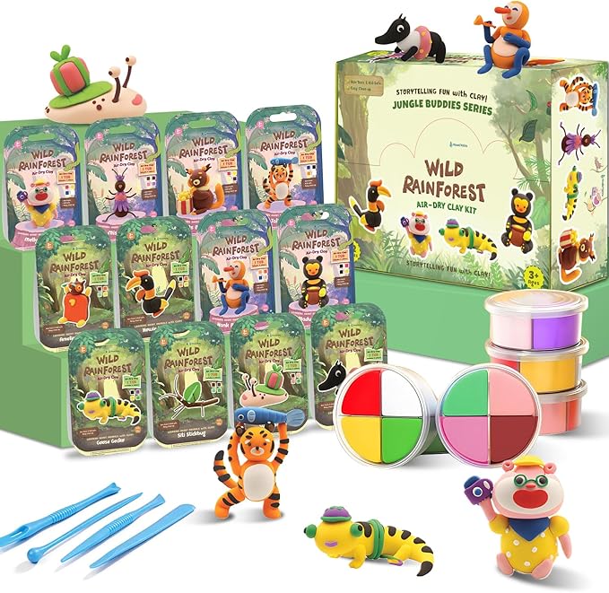 Wild Rainforest Air Dry Clay Kit for Kids - 12 Jungle Animal Models with 4 Colors & Tools, Animal Making Clay Set, Non-Toxic Air Dry Modeling Clay, Creative DIY Craft Gift for Ages 3-12