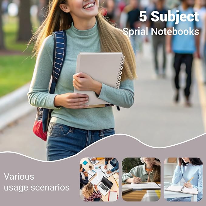 FLYING EAGLE Small Spiral Notebook 5 Subject Notebook Wide Ruled with Dividers Tabs Waterproof Plastic Cover Thick Paper Notebooks for Work School, 7x10 Grey