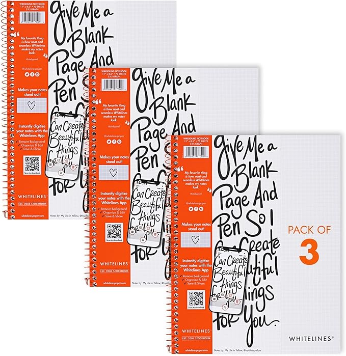 Whitelines Spiral Wire Bound Graph Ruled Notebooks, 3-Pack, Premium 20lb. Gray Paper, 11" x 8.5" 70 Sheets, Makes Your Notes Stand Out and Links Them To The Digital World, Proudly Made in USA