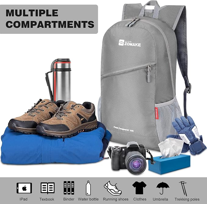ZOMAKE Lightweight Packable Backpack 20L, Foldable Small Daypack for Hiking | Water Resistant Backpacks Day Bag for Travel Outdoor Camping Sport, Everyday Carry, Multi Compartment Storage(Silver Grey)