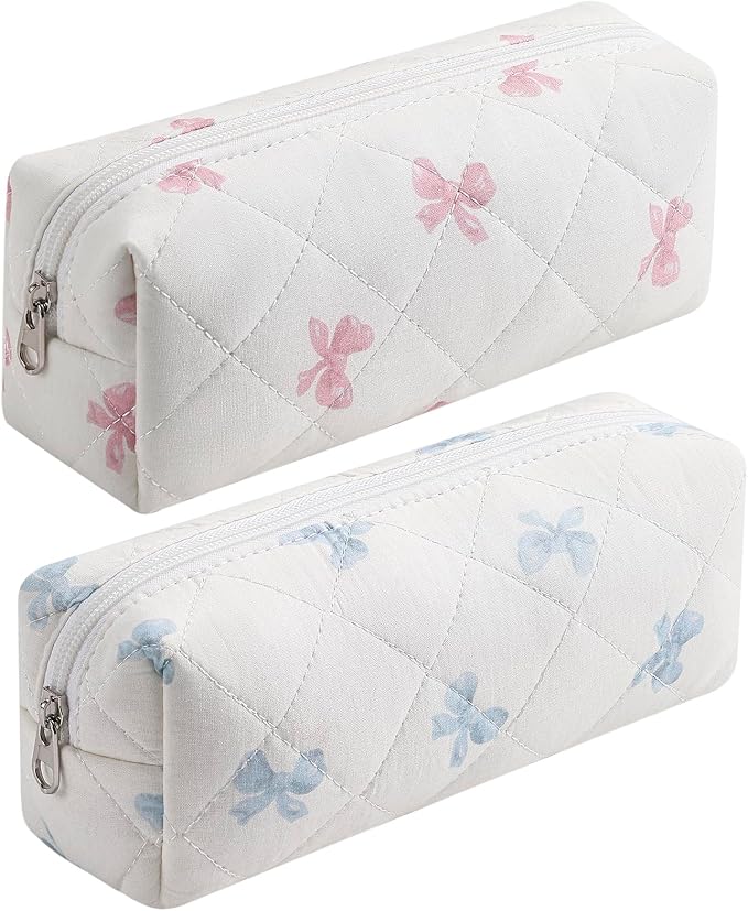 Cute Floral Cotton Makeup Brush Cosmetic Bag for Women, Travel Quilted Zipper Make Up Bag, Flowers Toiletry Organizer Case Kawaii Makeup Cosmetic Travel Cloth Pouch (Pink Bow Tie+Blue Bow Tie)