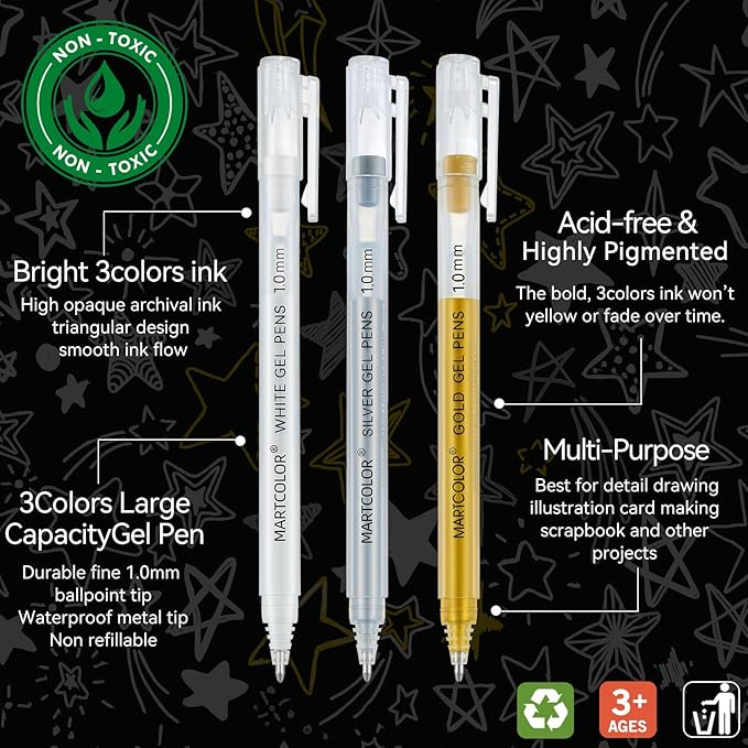 MARTCOLOR Gold Silver White Gel Pens, 1.0 Fine Point Opaque Archival Ink Pen for Black Paper Drawing, Art Highlight, Illustration, Bullet Journaling, Card Making & DIY Projects, 3 Pack