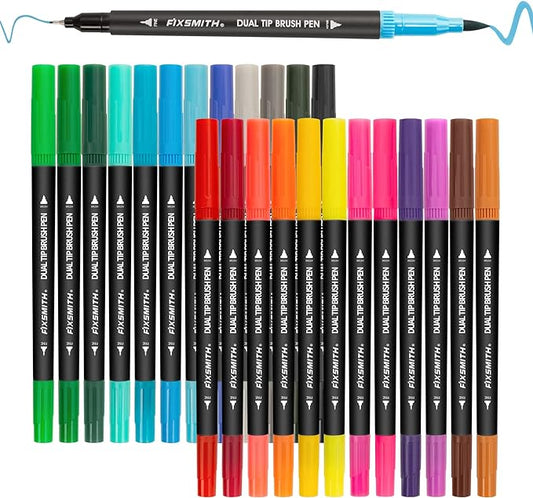 FIXSMITH 24 Brush Markers for Adult Coloring Books, Coloring Markers for Adults Lettering, Dual Tip Brush Pens School Classroom Art Supplies, Drawing Pens for Art, Journal Planner, Doodle
