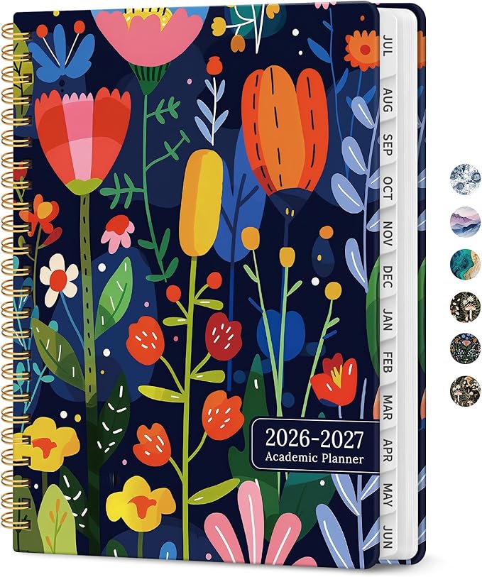 Planner 2026-2027, Academic Monthly and Weekly Calendar Planner for Women, July 2026 - June 2027, Hardcover Pretty Agenda Planner Book with Tabs, Spiral Daily Organizer for School Office Home Supplies, 6.3" x 8.5" - Bloom Burst