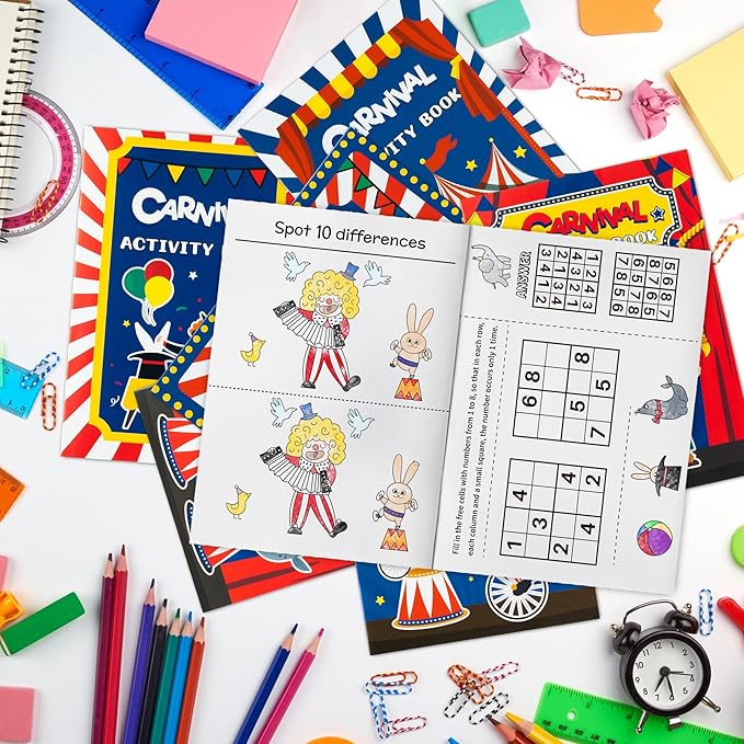 JAPBOR Carnival Activity Coloring Books - 24PCS Mini Circus Carnivals Activities Color Books Bulk for Kids Party Favors, Showman Themed Small Colouring Pages for Birthday Class Drawing Painting Game