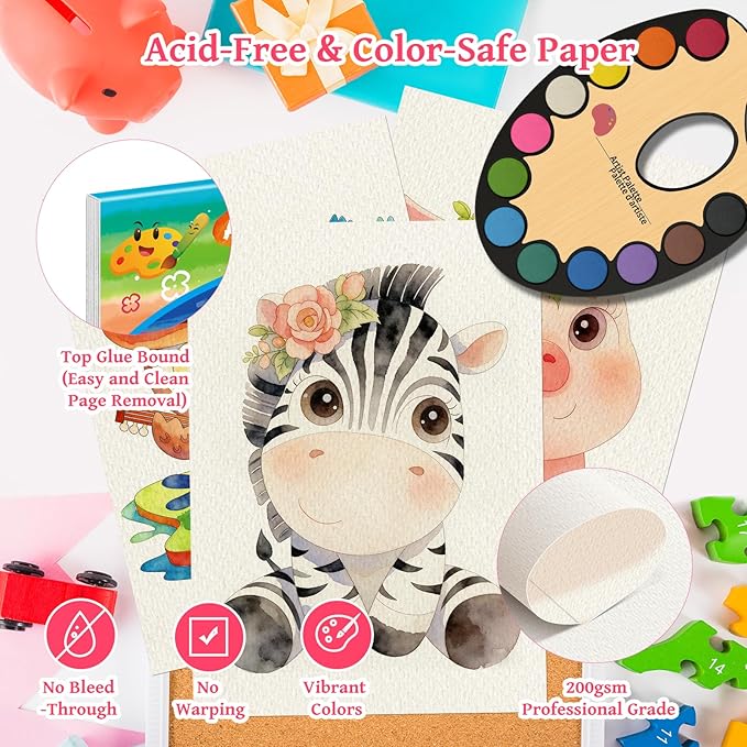 Elfew Paint with Water Coloring Books for Kids 3-8, No Bleed Watercolor Painting Book for Toddlers, 12 Colors Paint Set, 15 Animal Designs, 200GSM Thick Paper, Travel Art Kit for Kids 4-6