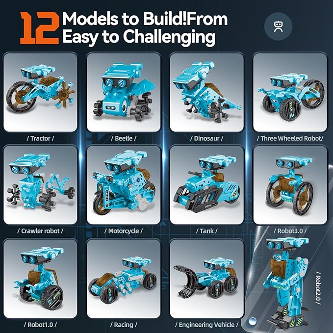 STEM 12-in-1 Education Robots Toys for Boys Age 8-12 12-16, DIY Educational Toy Science Kits for Kids, Building Experiment Robotics Set Birthday Gifts for 8 9 10 11 12 13 14 15 16 Years Old Boys Girls