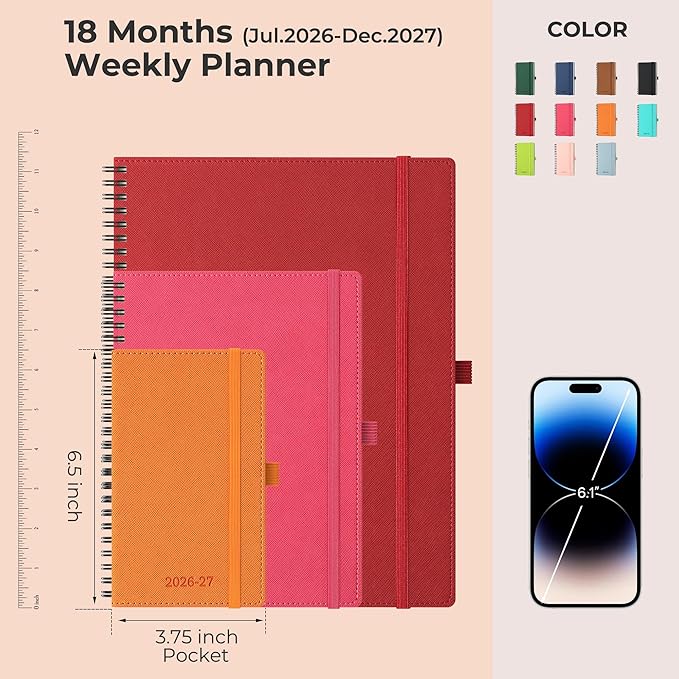 Planner 2026-2027 Daily Weekly and Monthly,6.5"x3.75",18 Months Spiral Bound Calendar Agenda with Self-adhesive Pen Holder,2026 Academic Plan with Vegan Leather Soft Cover,Red