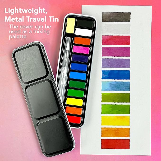ArtSkills Travel Watercolor Kit, Watercolor Paint Set for Kids & Adults, Travel Palette with Water Brush