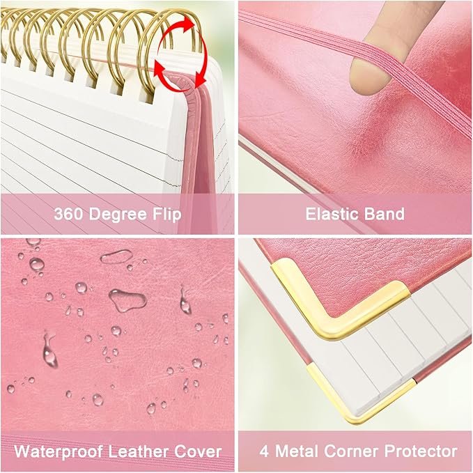 A4 Top Spiral Notebook, Large Leather Hardcover Top Bound Steno Pads, 240 Pages 100 gsm Thick Lined Paper Left Handed Notebook Journal for Work, School, Meeting Writing - Pink, 8.5" x 11"