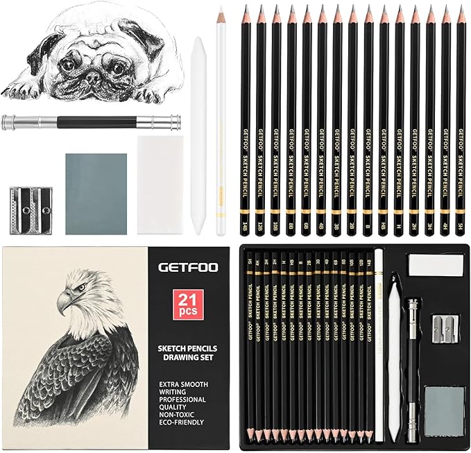 Drawing Sketching Pencil Set 21 Pack Art Pencil Kit with Graphite Pencils (14B-5H), Charcoal Pencil, Ideal for Shading, Blending, Drawing Set for Beginners & Pro Artists