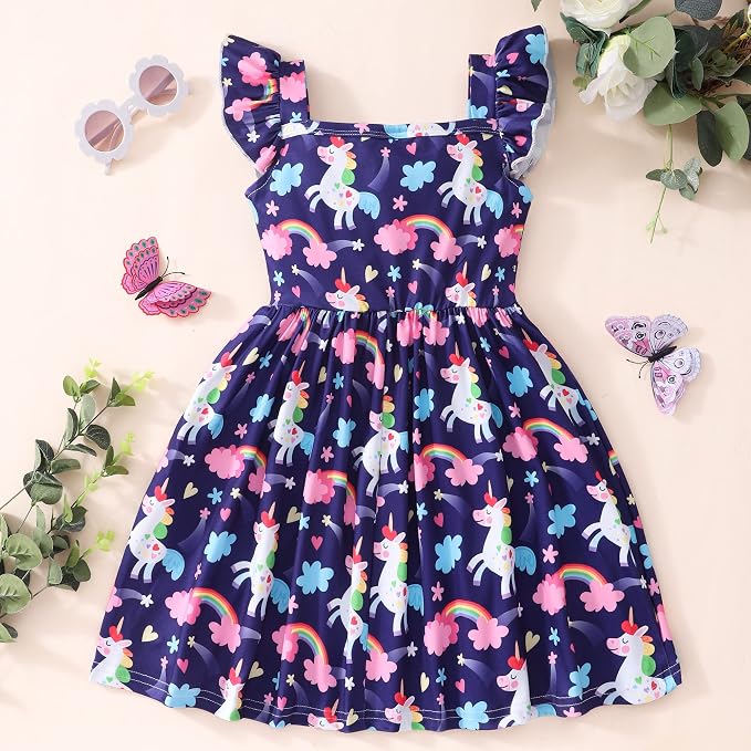 Popshion Girls Dresses Flutter Sleeve Swing Sundress Toddler Summer Clothes Kid Birthday Party Sleeveless Dress 1-8 Years Old