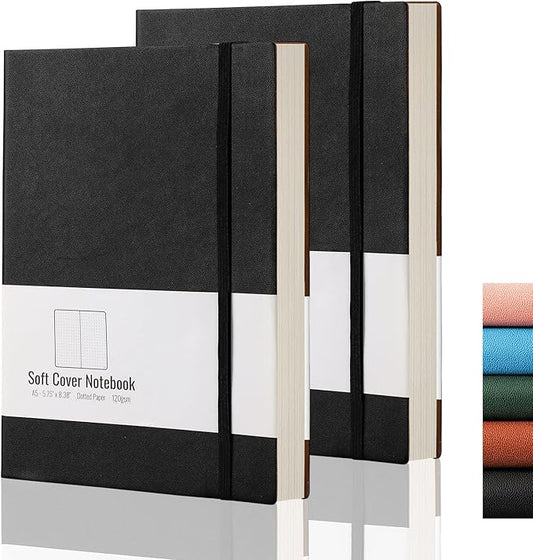 AHGXG Dotted Grid Journal 2 Pack - A5 Dot Grid Notebook Softcover, Medium 5.75'' × 8.38'', 320 Numbered Pages, 120gsm Thick Dotted Paper, Soft Leather Cover, Black Black