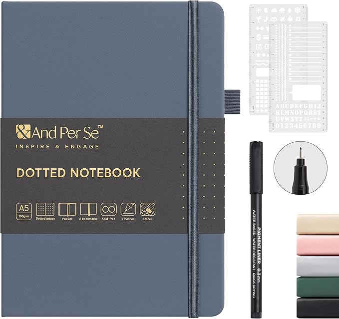 &And Per Se Dotted Notebook, A5 Hardcover with Journal Dotted Pages, Journal Stencils & Pen, 176 Numbered Pages for Beginners Women Men (Dark Blue)