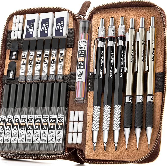 Nicpro 30PCS Art Mechanical Pencil Set in Leather Case | Metal Drafting Pencil 0.5/0.7/0.9 & 3×2mm Lead Holders for Sketching Drawing With 252 (6B 4B 2B HB 2H 4H Colors) Lead Refills