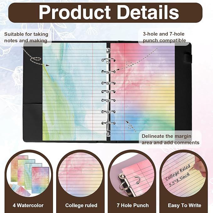 300 Sheet Watercolor Lined Writing Paper 5.5x8.5 Inch 7-Hole Lined Refills Loose Leaf Colored Notebook Filler Paper College Ruled Double Side Printing For 3 Or 7 Ring Binders