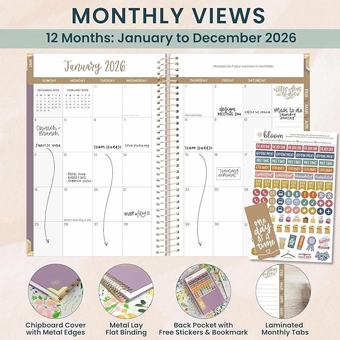 bloom daily planners HARDCOVER 2026 Planner for Women (January to December) - A5 Task Goal Organizer - Monthly & Weekly Inspirational Agenda Book - 5.5" x 8.25" - Linen, Purple