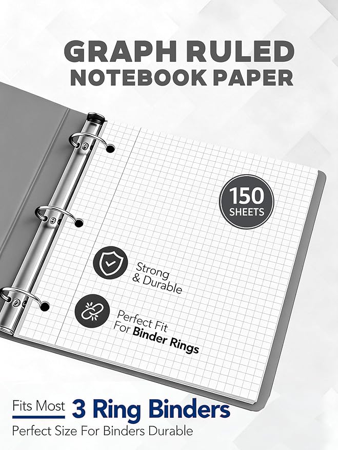 Woodlake Loose Leaf Graph Paper, 4x4 Quad Ruled Notebook Paper, 8 x 10.5” Graphing Paper, 150 Sheets per Pack, 3 Pack Filler Paper, 3 Hole Punched, Made in USA